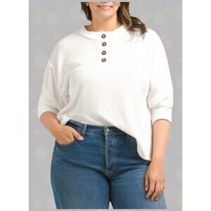 “Lush” - Women’s  Comfy, Off- White, Long-Sleeved Fuzzy Ribbed Henley XL NWT